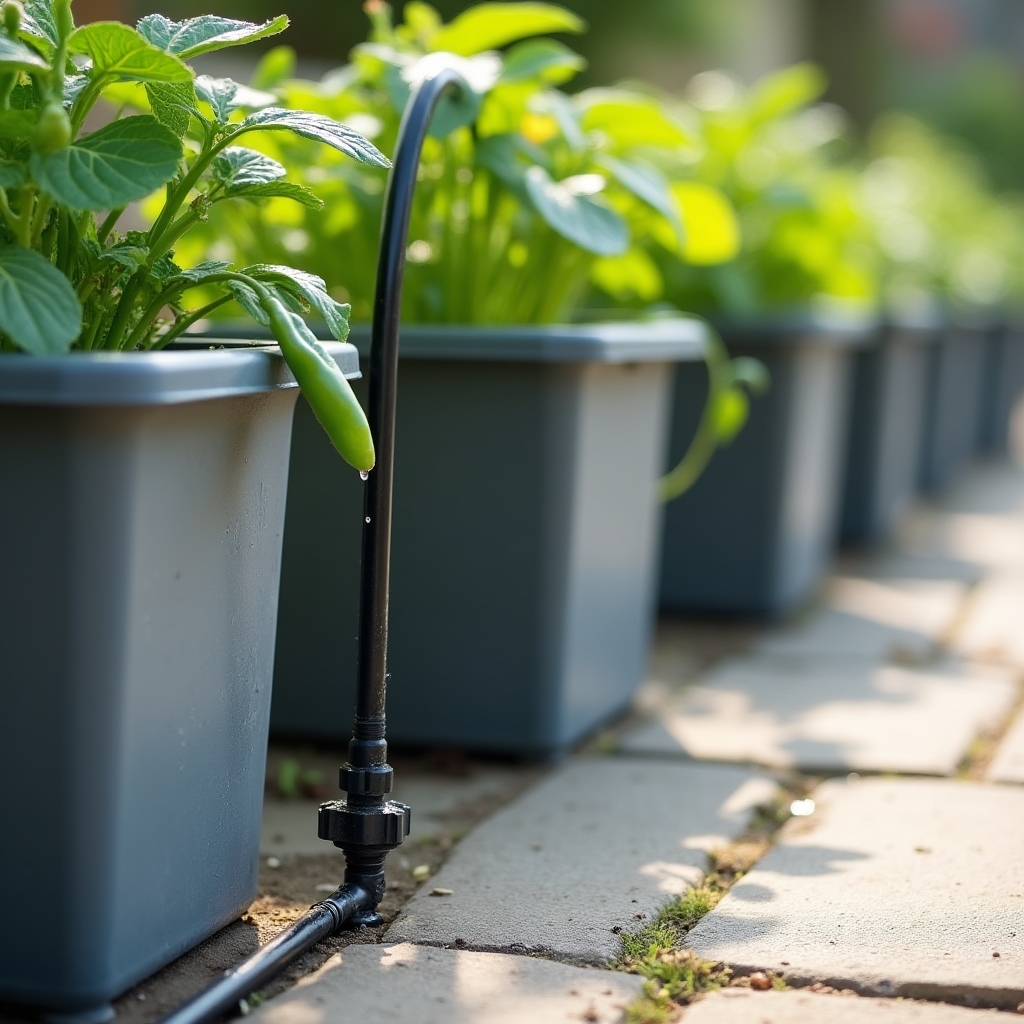 Small drip irrigation tubing running between vegetable containers on a patio
