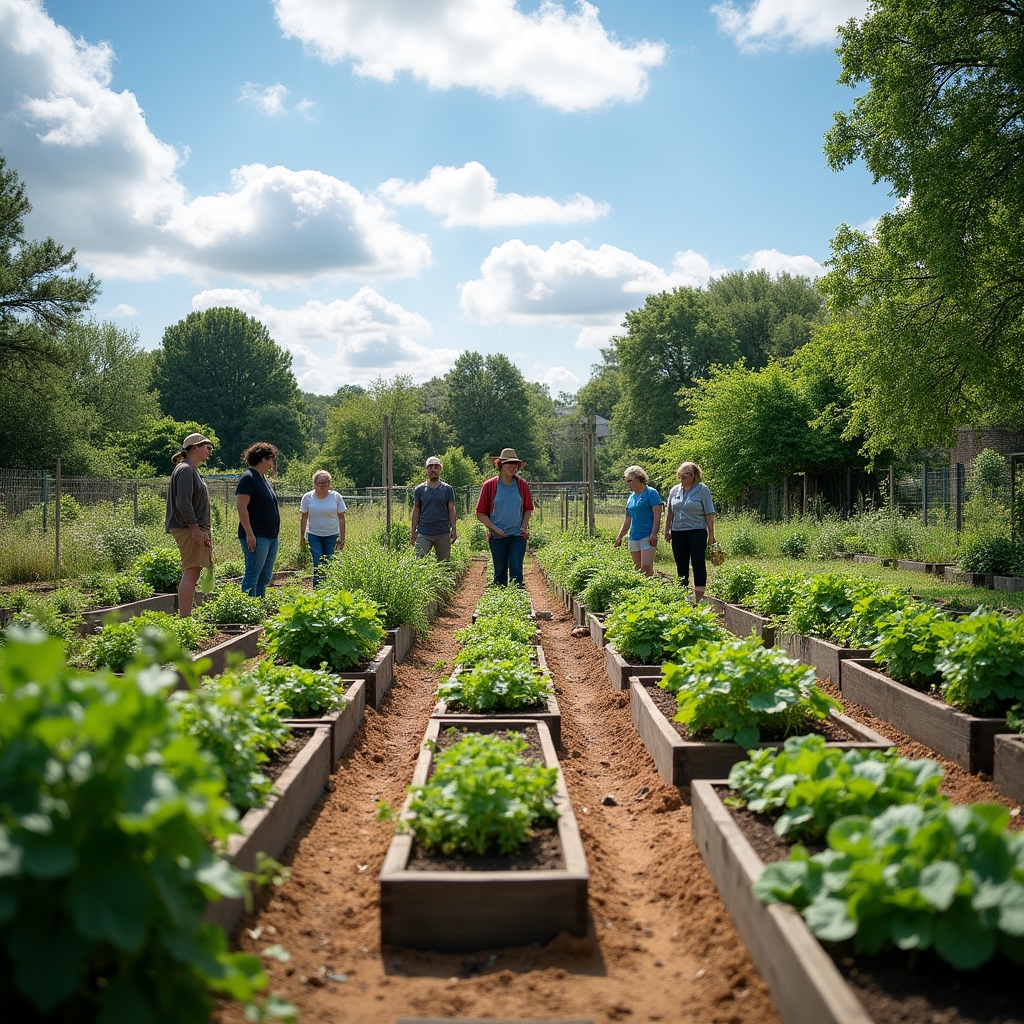 Community garden plot with raised beds and shared compost bins between rows