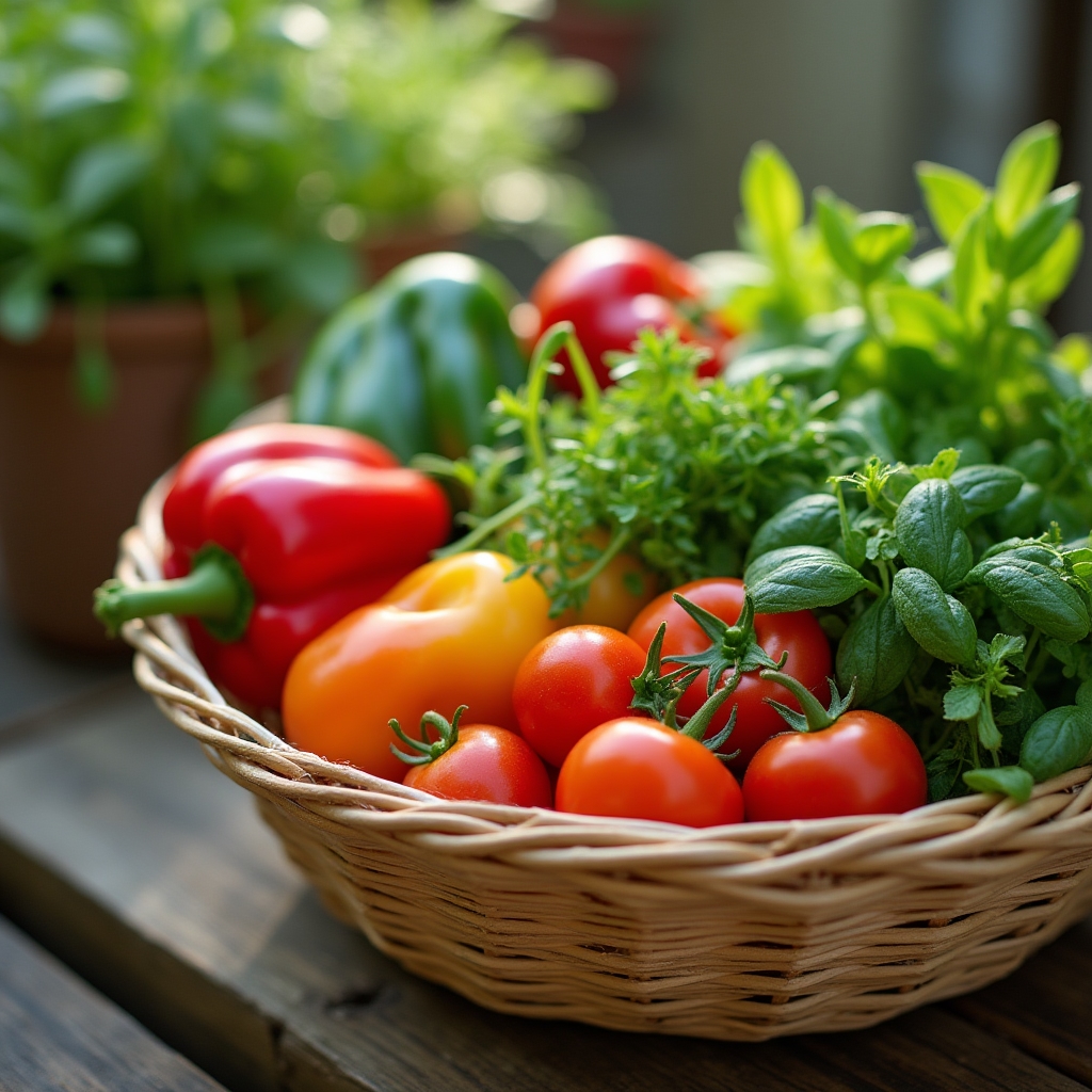 Basket of freshly harvested small-space vegetables including peppers and greens