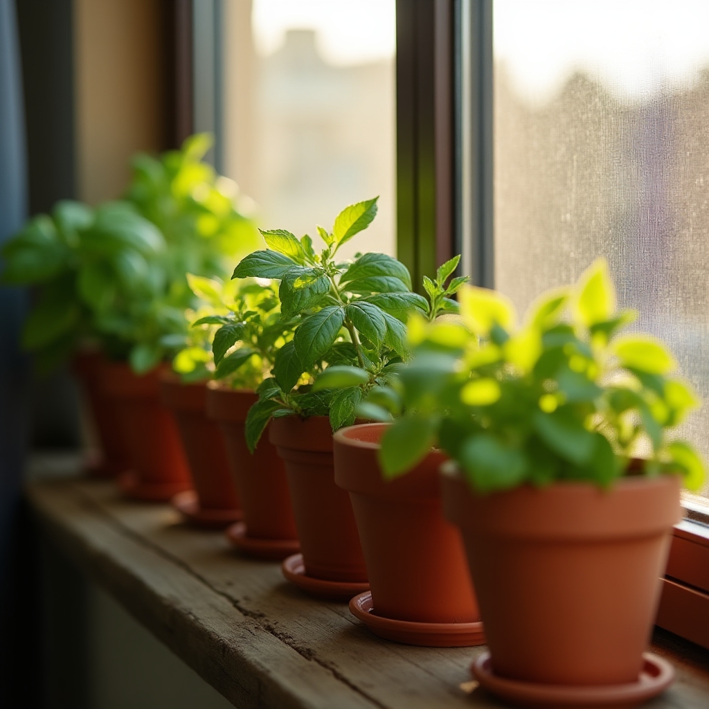Small herb containers arranged on a narrow apartment balcony shelf