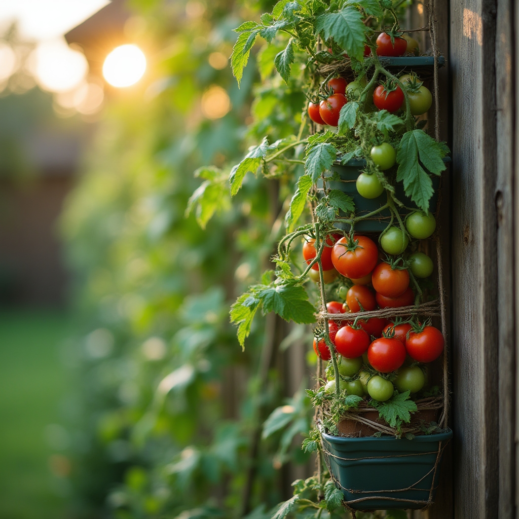 Tomato plants growing in a vertical stacked planter against a fence