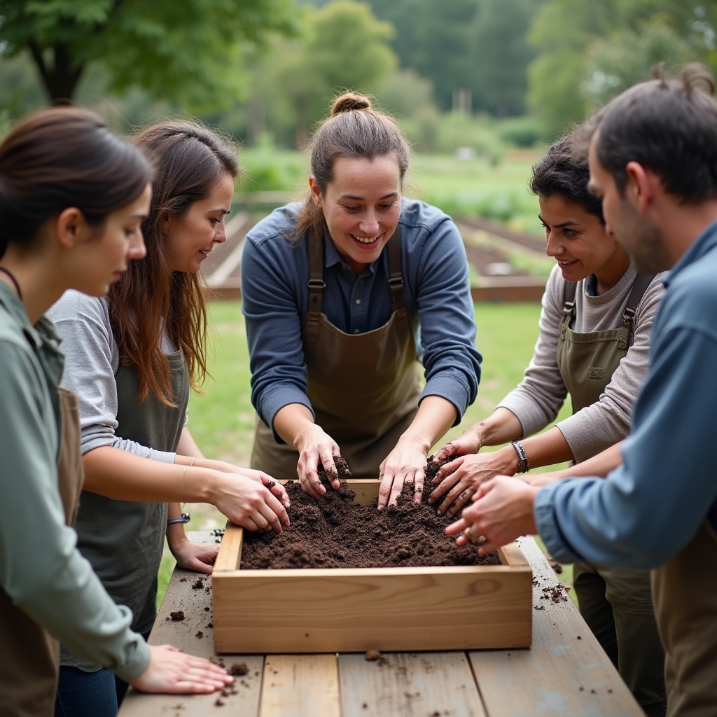Small group gathered around a table during a hands-on composting workshop