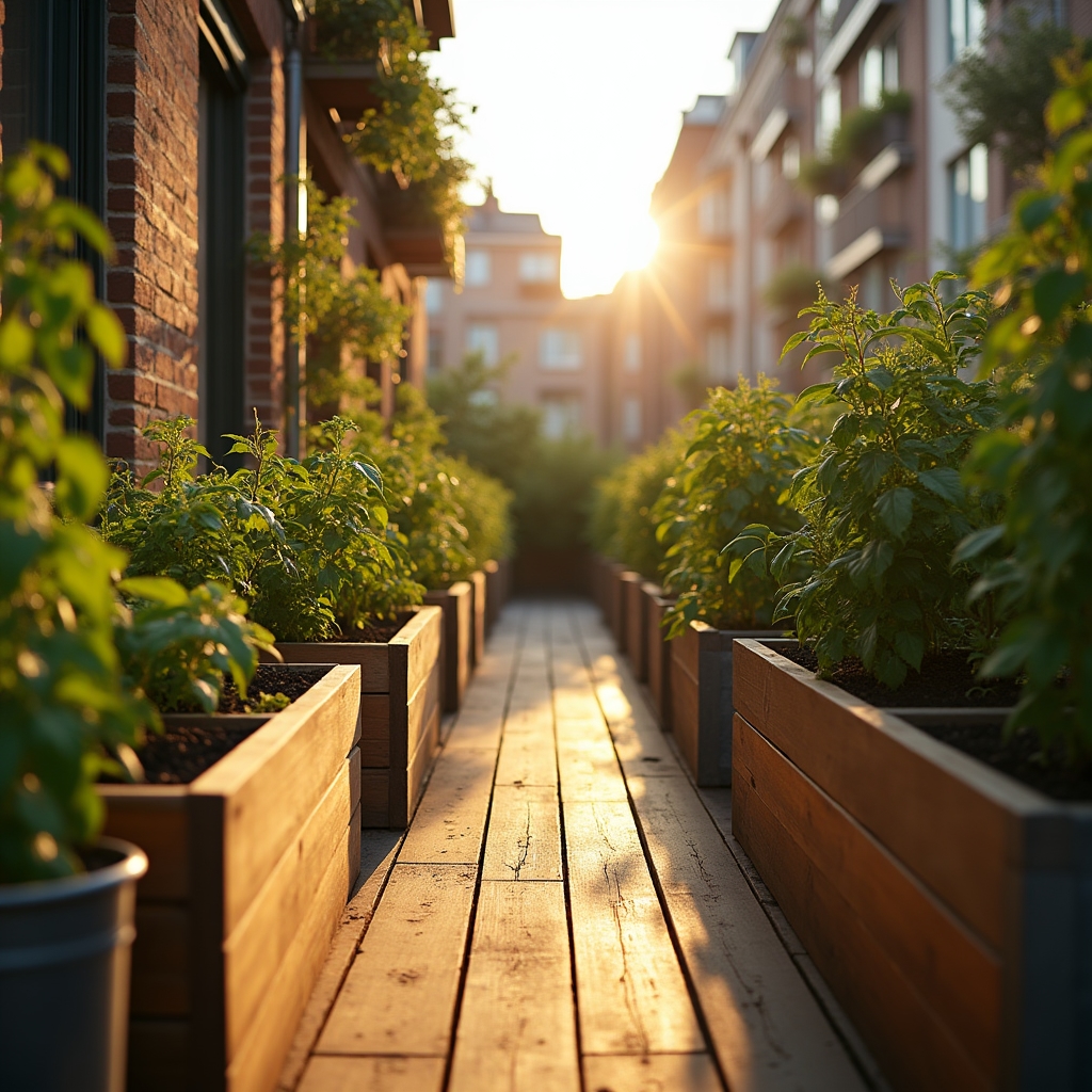Raised containers and vegetable beds arranged on a small urban patio