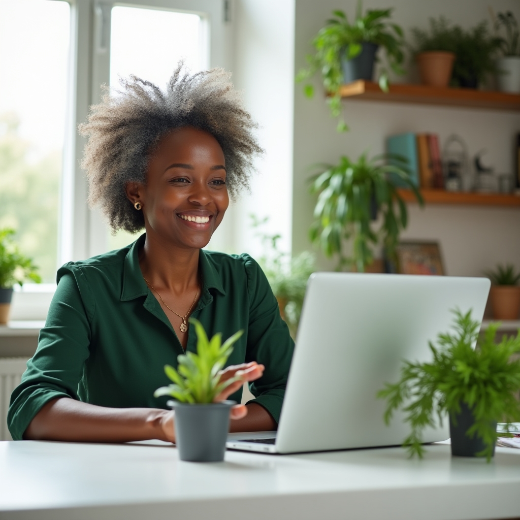 Gardening instructor recording an online lesson at a desk with a laptop and potted plants