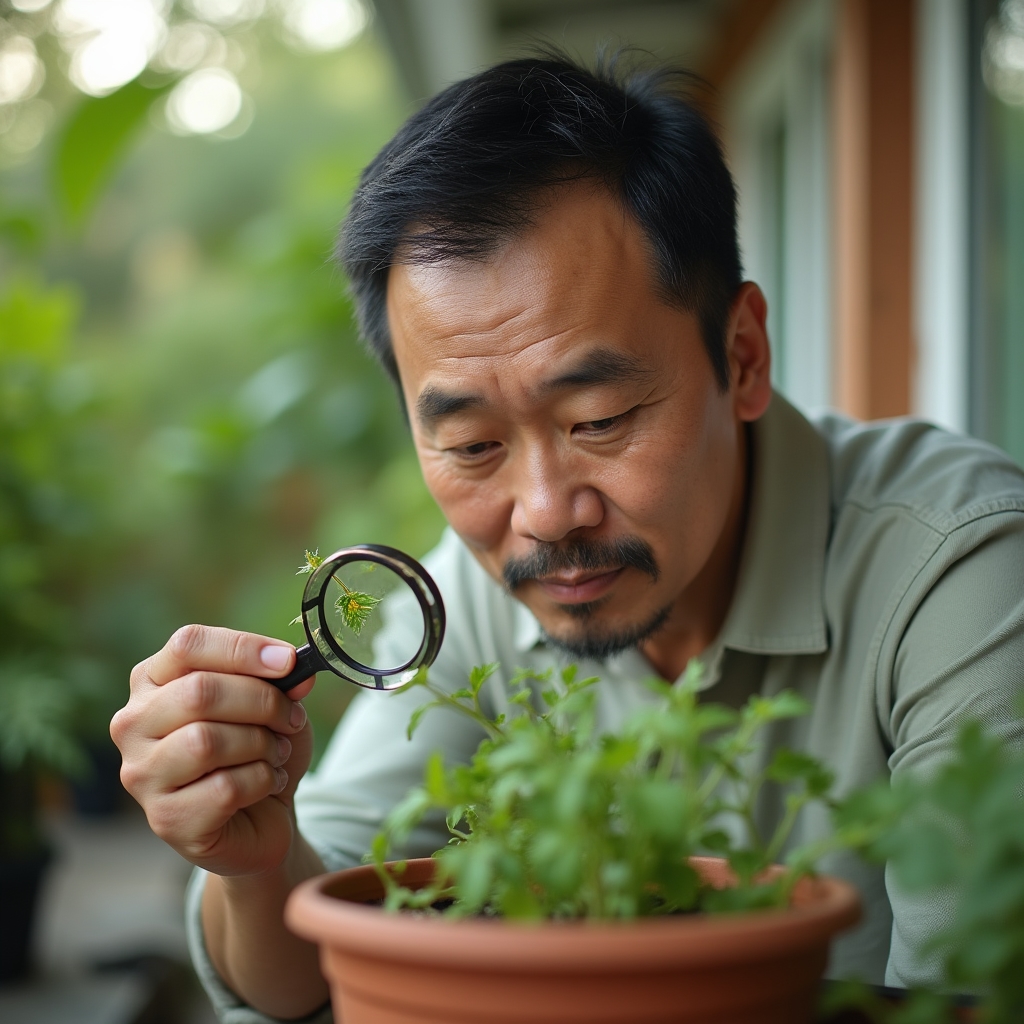 Close inspection of vegetable leaves for pests using a hand lens over a container garden