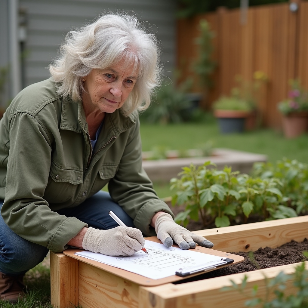 Instructor sketching a container layout plan on paper next to a small raised bed