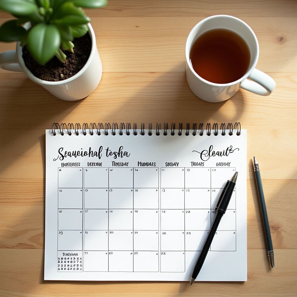 A handwritten seasonal planting calendar and gardening notebook on a wooden desk