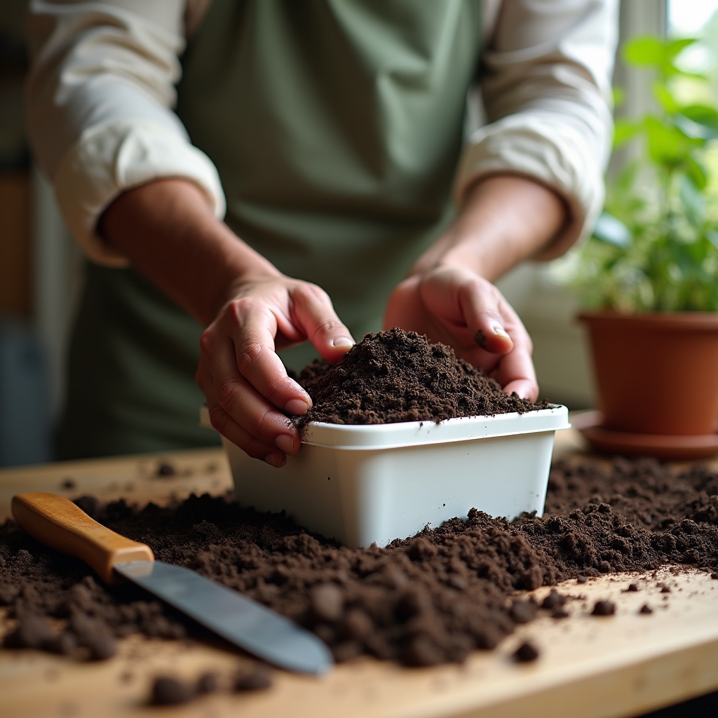 Hands mixing dark finished compost into potting soil in a small bin