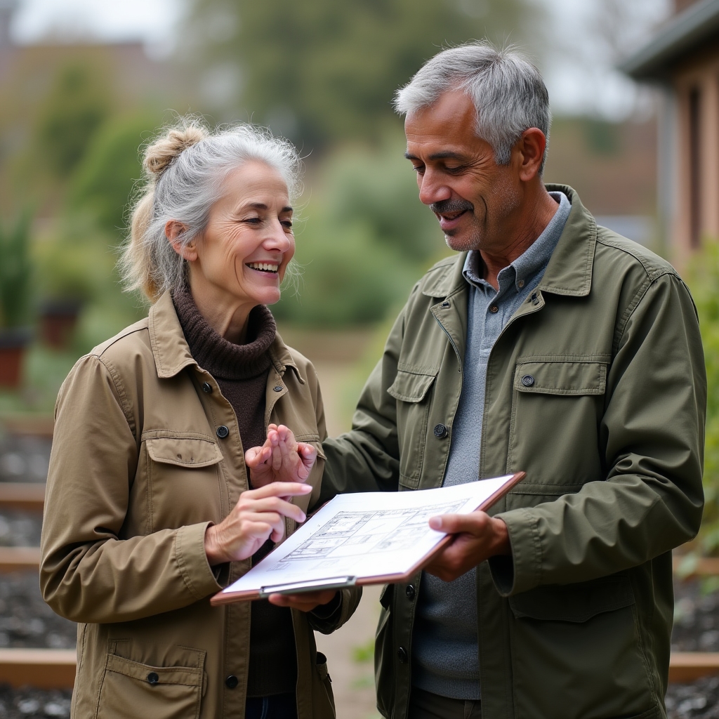 Two gardening instructors reviewing a planting plan together during a workshop