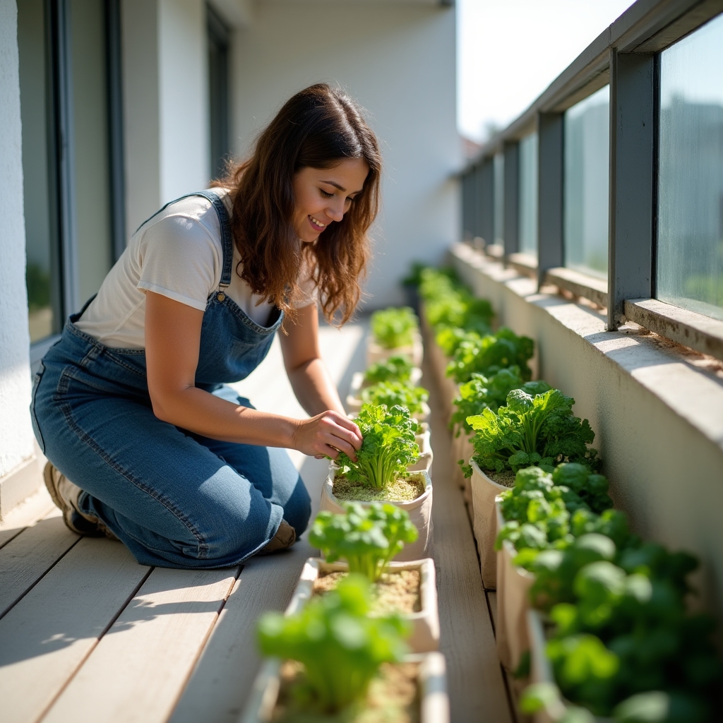 Rows of vegetable containers arranged along a sunny apartment balcony railing